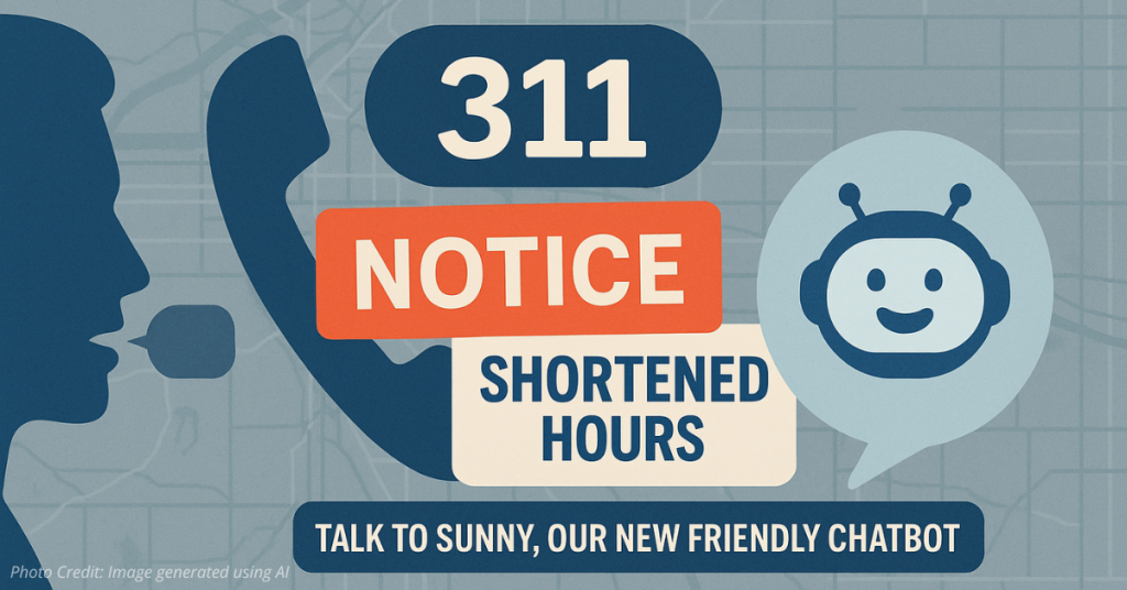 Denver skyline with chatbot UI overlays and warning pop-ups about reduced service