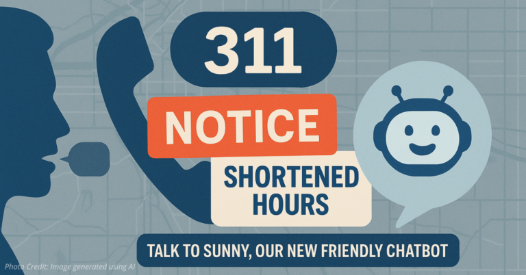 Denver skyline with chatbot UI overlays and warning pop-ups about reduced service