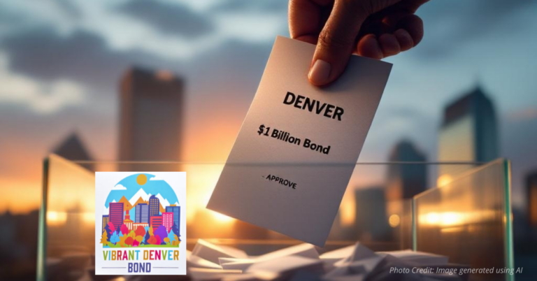 Ballot labeled “$1 Billion Bond” being dropped into box before Denver skyline at sunset.