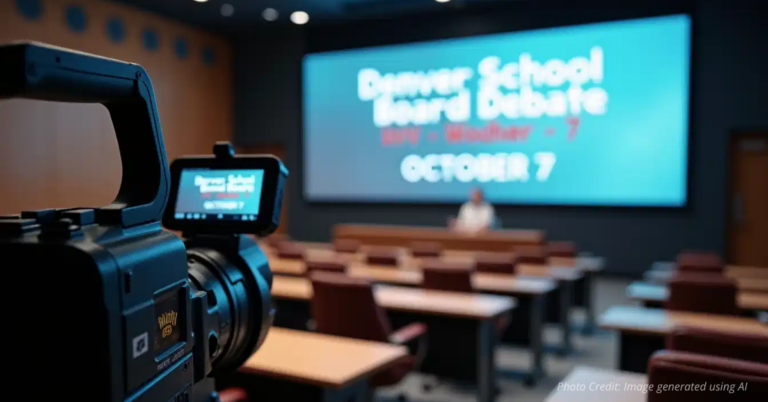 Camera setup filming Denver school board debate in classroom.