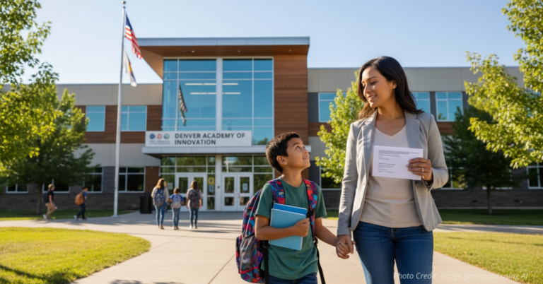 Student walking toward Denver school at sunrise symbolizing hope for education reform.