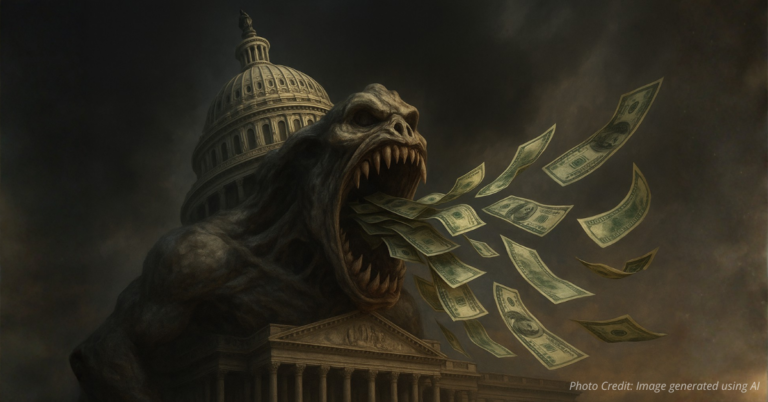 U.S. Capitol depicted as a monster devouring money, symbolizing national debt