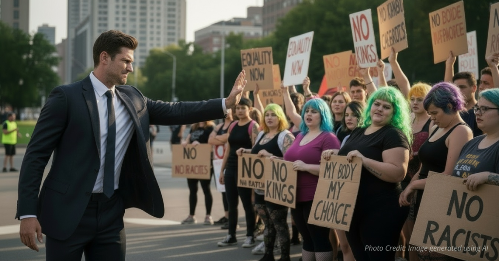 Disgusted man turns away from protesters.