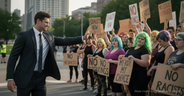 Disgusted man turns away from protesters.