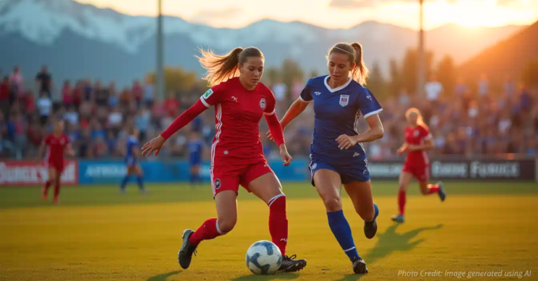 High school girls play soccer as parents watch from the stands.