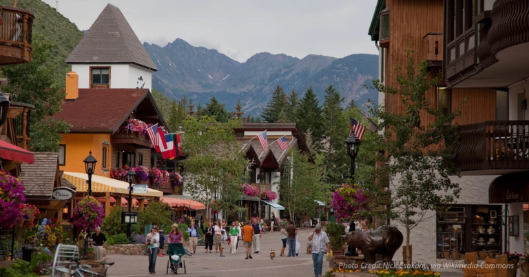 Main Street in Vail, Colorado, nestled in the mountains.