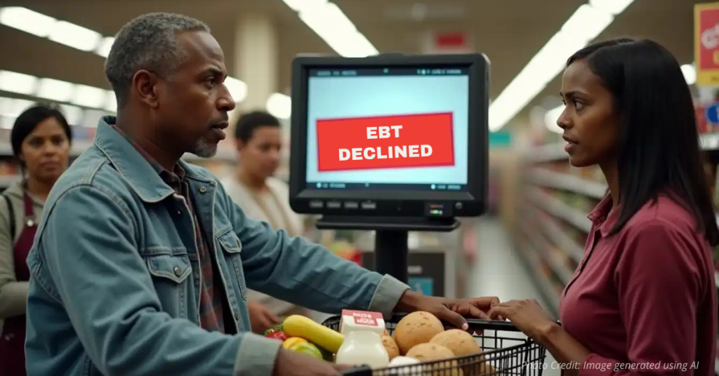 Shopper at checkout with “EBT Declined” message on screen during shutdown.