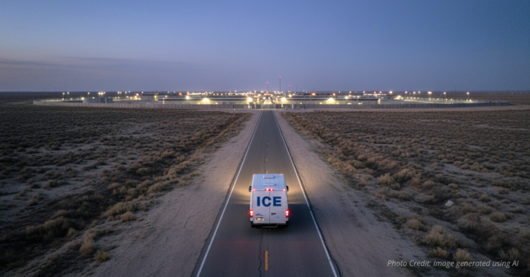 “ICE transport van leaving detention center at dusk in El Paso County”