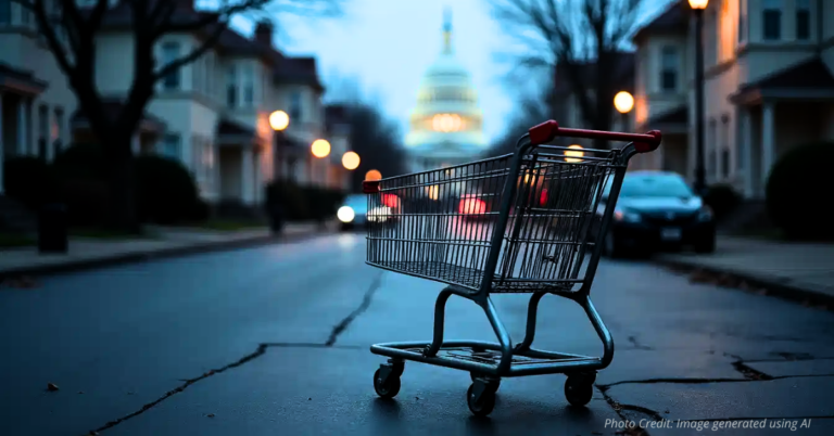 Empty grocery cart with U.S. Capitol in background symbolizing SNAP deadline.