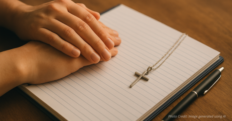 Healing hands on school notebook with cross symbolizing faith and resilience