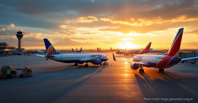 Airplanes parked at Denver International Airport during sunrise amid flight delays