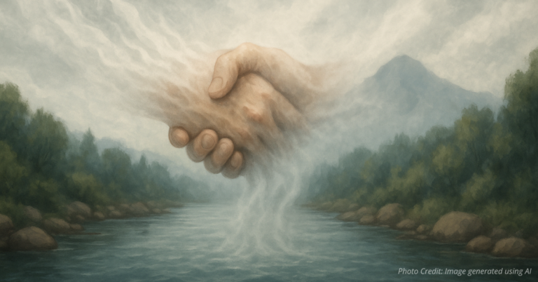 Dissolving handshake over river reflects fading water agreements