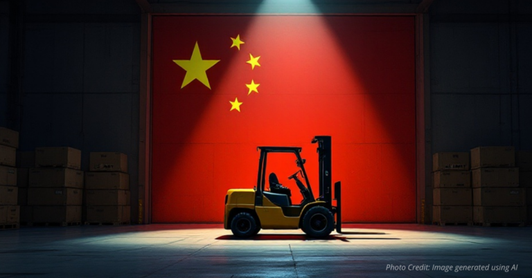 Forklift under spotlight casting Chinese flag shadow