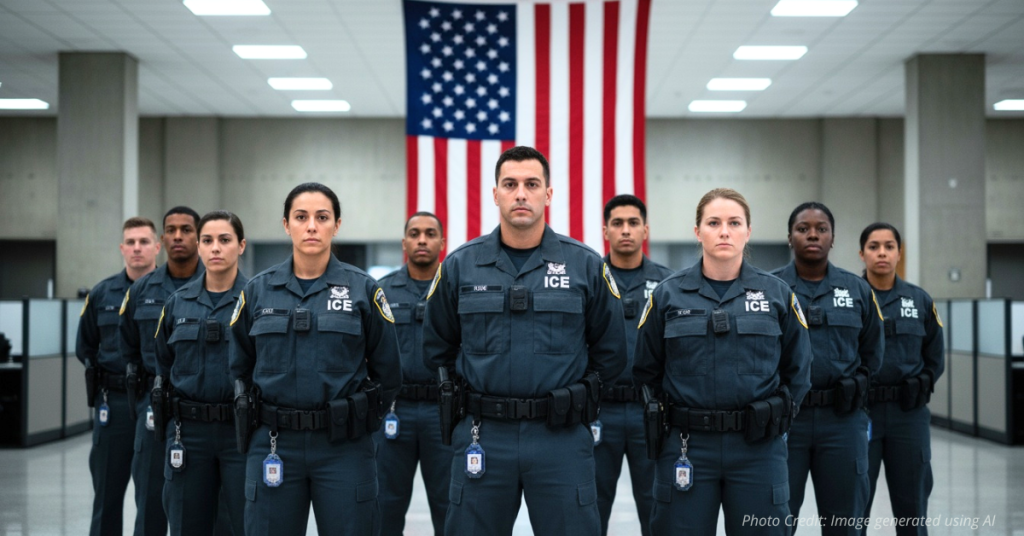 ICE agents standing before an American flag