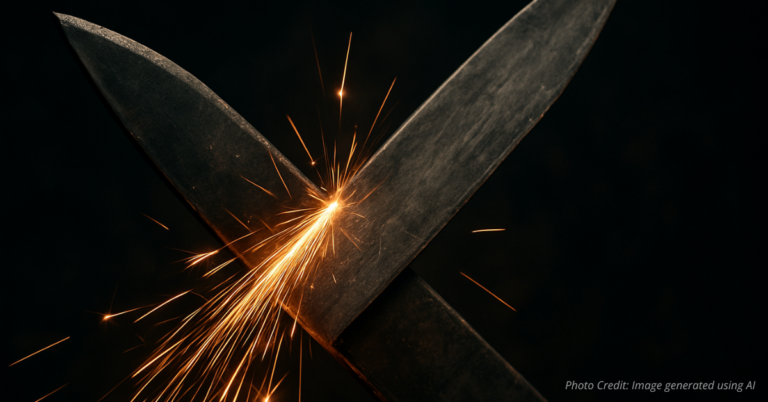 Two blades sparking as they sharpen each other, representing strong moral partnerships