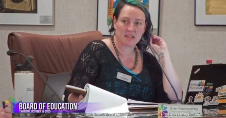 Erin Kenworthy speaking during Jeffco school board meeting where she called safety a “privilege”