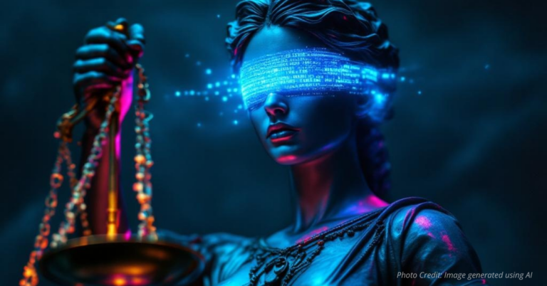 Lady Justice with a digital code blindfold symbolizing AI and legal uncertainty.