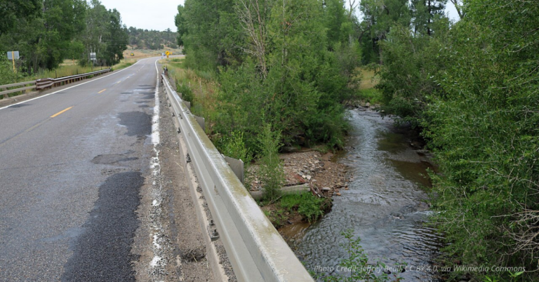 The La Plata River flowing beneath Highway 140 near Hesperus, Colorado