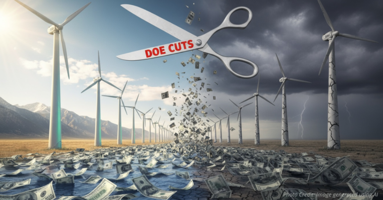 Stack of money morphing into wind turbines and power lines being cut with DOE scissors.