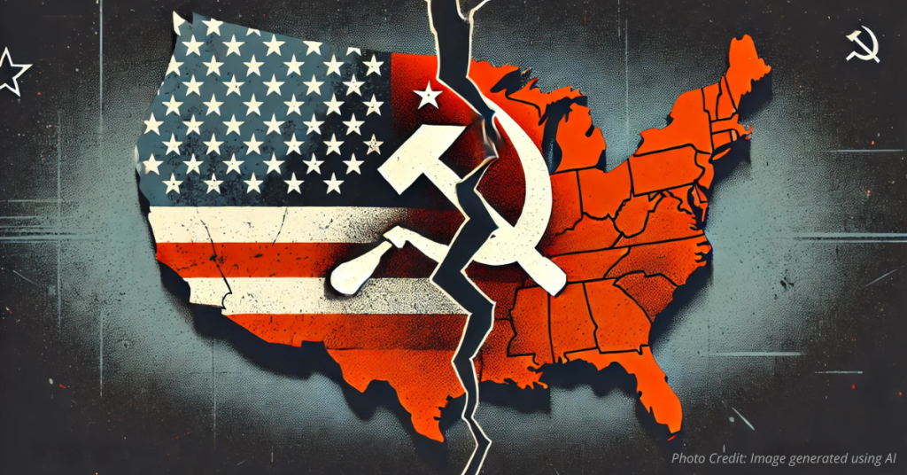 Split U.S. map showing ideological divide between Soviet red and grayscale America