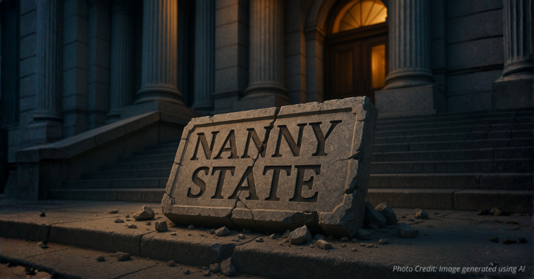 Cracked Nanny State sign on Denver City Hall steps