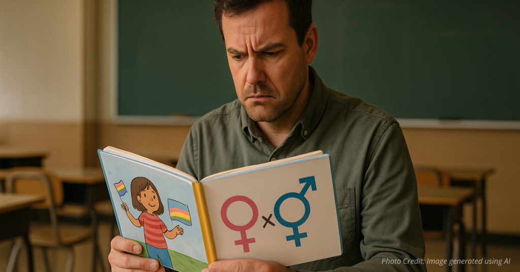 Parent reviewing children's book with gender content in classroom setting