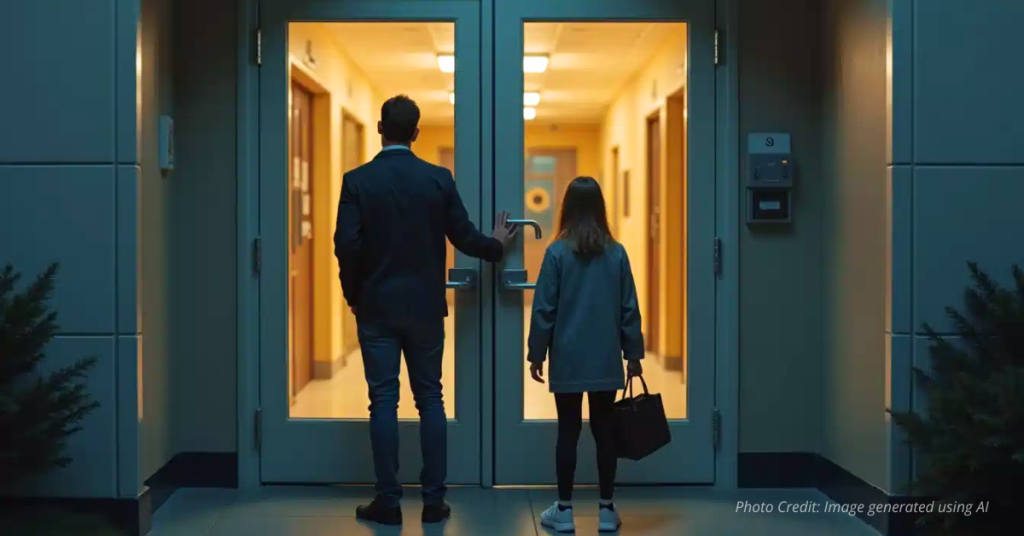 Parents stand outside a locked school door as light glows from inside.
