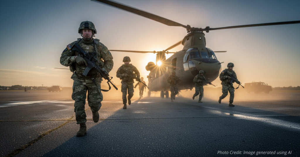 National Guard troops offload from helicopters at sunrise for rapid deployment.