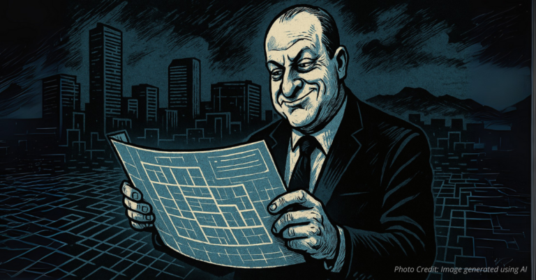 Governor reviewing city zoning blueprints with Colorado skyline in background