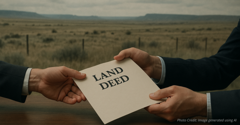 Hands trading a land deed against backdrop of Colorado plains