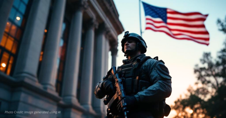 National Guard soldier stands before federal building at dusk symbolizing public support for order.