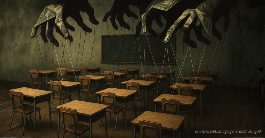 Puppet strings made of money controlling classroom desks