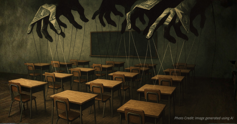 Puppet strings made of money controlling classroom desks