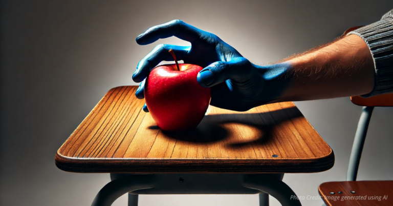 Red apple on desk partly held by a blue hand symbolizing politics in education
