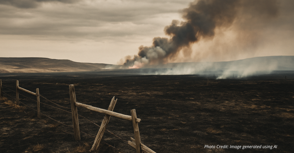 Burned Colorado ranchland with broken fences and rising smoke