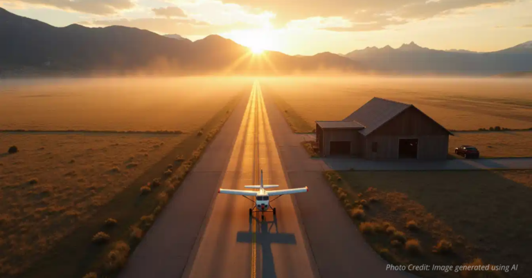 Parked plane on. empty rural Colorado runway at dawn symbolizing halted air service funding