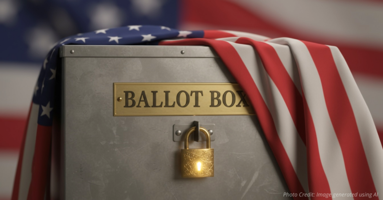 Ballot box wrapped in American flag ribbon with glowing lock representing secure, citizen-only voting.