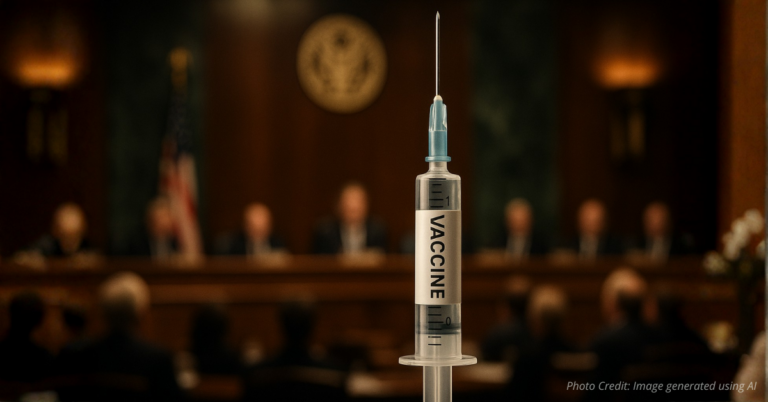 Syringe in foreground, Senate hearing blurred behind