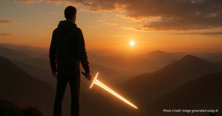 Person holding glowing sword at sunrise symbolizing faith and courage