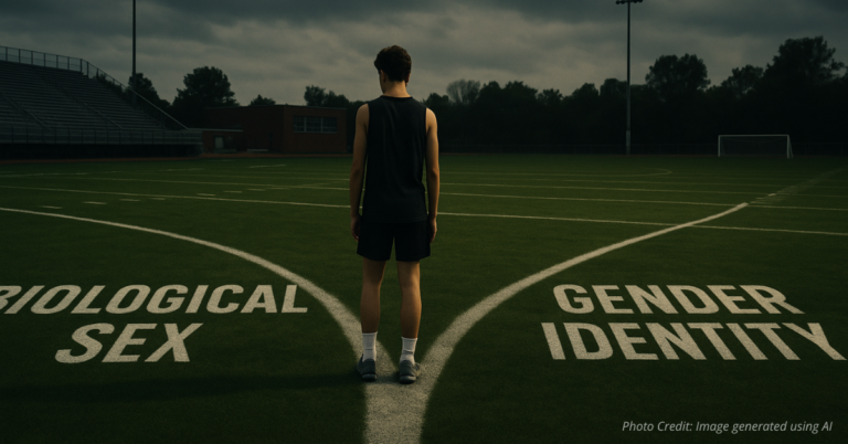 Student athlete stands at the divide between biological sex and gender identity on split sports field