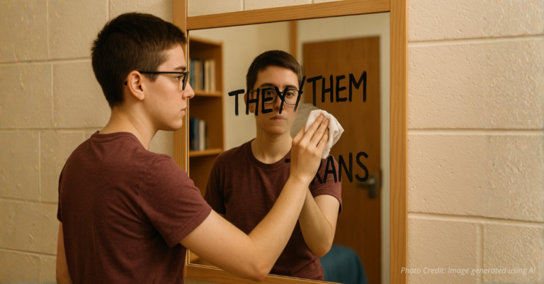 Student erasing gender labels from mirror symbolizing self-clarity