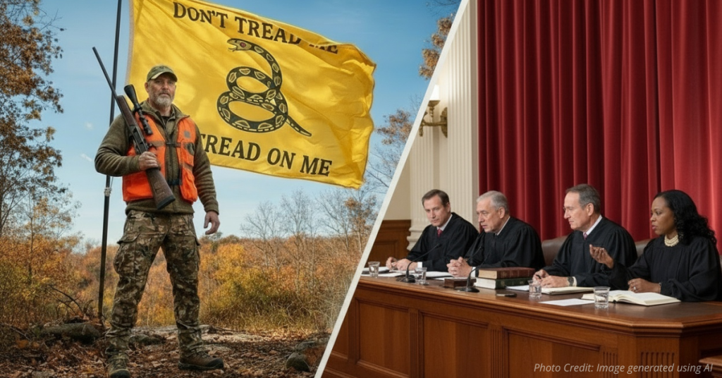Hunter with rifle and bong under “Don’t Tread on Me” flag beside Supreme Court justices debating gun rights case.