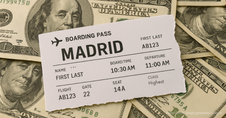 Boarding pass to Madrid on top of cash, symbolizing public money used