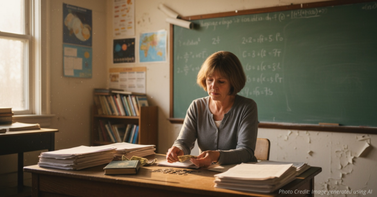 Teacher counts coins at classroom desk, symbolizing school funding strain