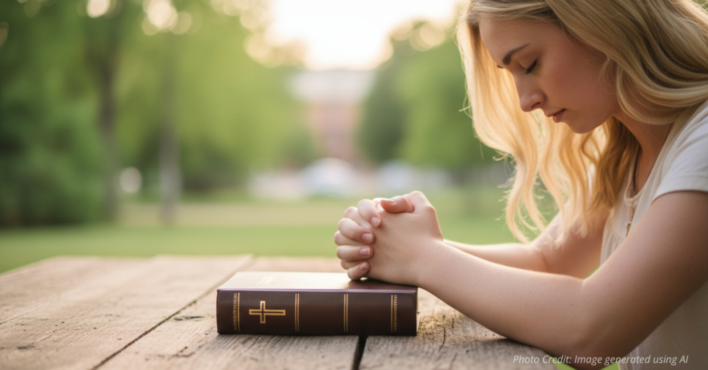 Close-up of teenage girl’s clasped hands resting on a closed Bible outdoors on a wooden surface.