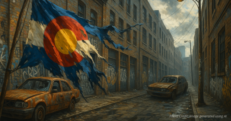 Torn Colorado flag over dark urban street symbolizes unraveling safety and state decline