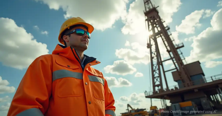 Oil worker stands firm by drilling rig as storm clouds part, symbolizing U.S. energy resilience.