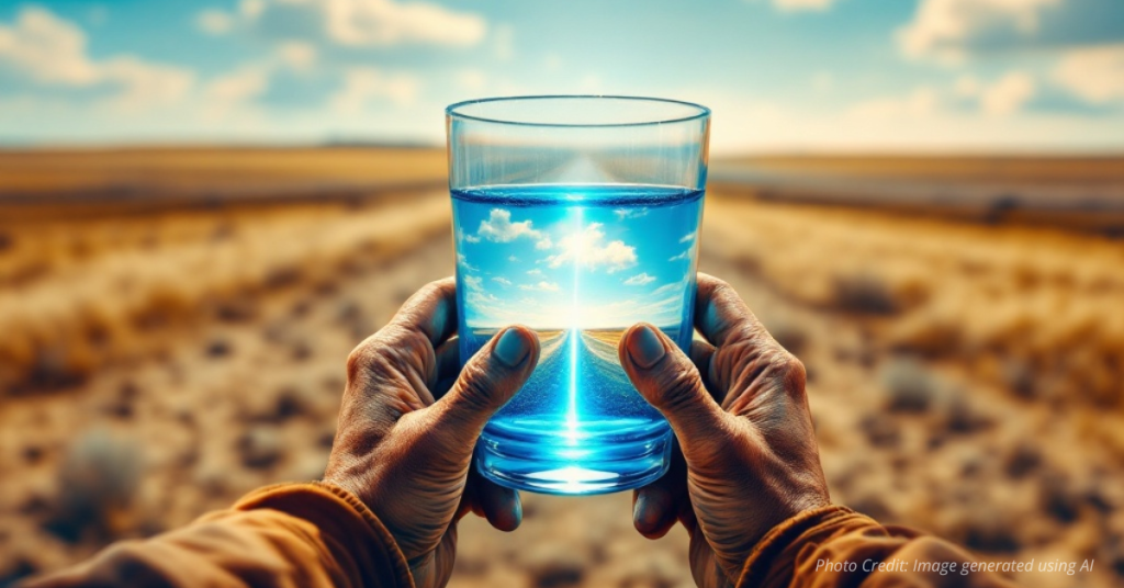 Worker holds a clean glass of drinking water in an arid farm field.