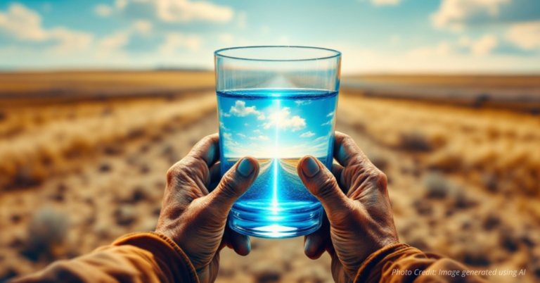 Worker holds a clean glass of drinking water in an arid farm field.