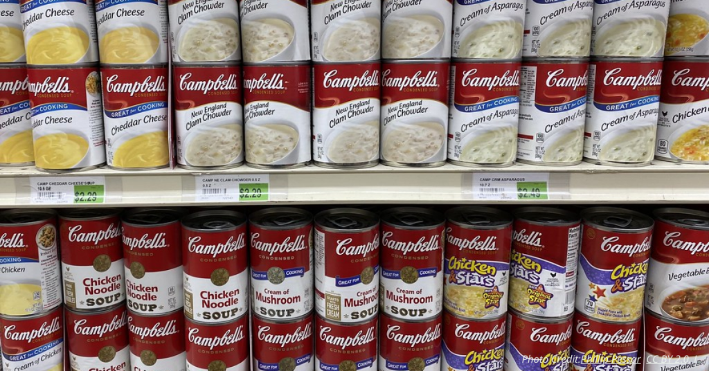 Various Campbell's soup cans displayed neatly